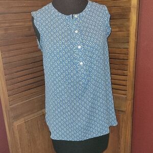 LOFT Blue Sleeveless Blouse with Mandarin Collar